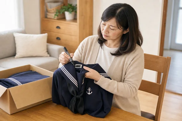 宅配買取で発送する前に、雙葉高校の制服のネームタグを黒いマーカーで塗りつぶして個人情報を保護している主婦