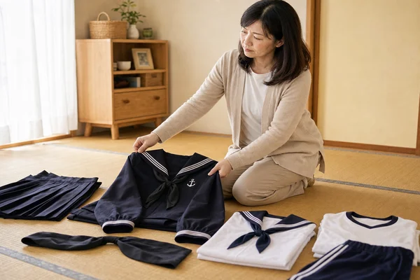 雙葉高校の夏服・冬服セーラー服やスカート、付属品を畳の上に並べて査定の準備をしている主婦