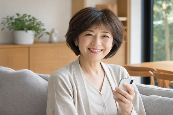 制服買取ラミパスを利用して満足した笑顔の母親がスマートフォンを持つ様子
