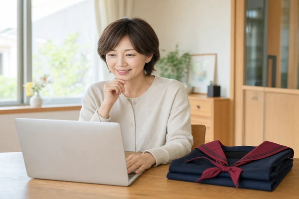 北陸学院制服の買取に関する疑問をノートパソコンで調べて安心する母親