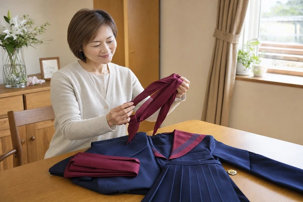 北陸学院制服のスカーフやエンブレムなど付属品を確認する母親