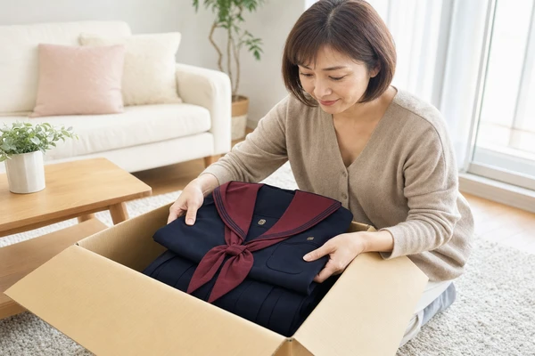北陸学院の制服をダンボールに丁寧に梱包して発送準備をする母親