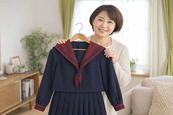 北陸学院高等学校の制服をハンガーで持ち笑顔でラミパスをすすめる母親