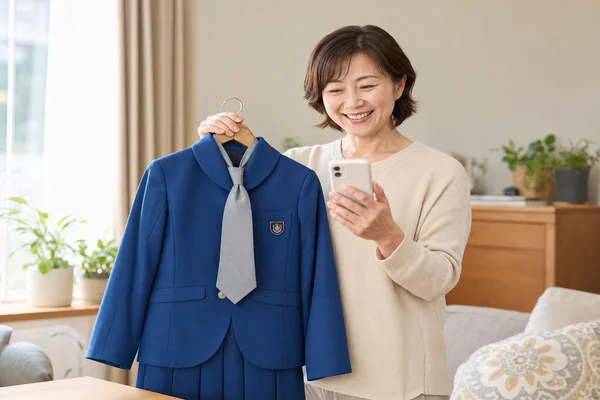 茨城キリスト教学園のブルーのジャケット（グレーネクタイ付き ）をハンガーで持ちながらスマートフォンで買取相場を確認して喜ぶお母さんの写真