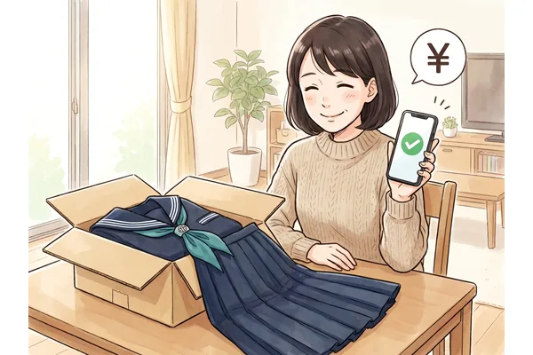 お母さんが女子聖学院の制服をダンボール箱に詰めてスマートフォンで買取申し込みを完了し、満足そうに微笑んでいるイラスト
