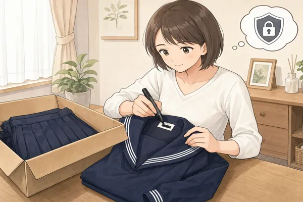 十文字制服の内側ネームタグをマーカーで消してから宅配買取の箱に梱包している様子