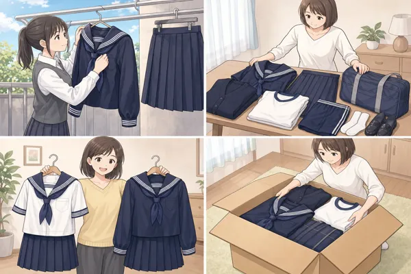 十文字制服を高く売る3つのコツ（クリーニング・セット査定・夏冬まとめて発送 ）を示した4コマイラスト