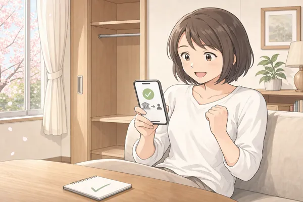 十文字制服の買取完了後にスマートフォンで入金通知を確認して喜ぶお母さん