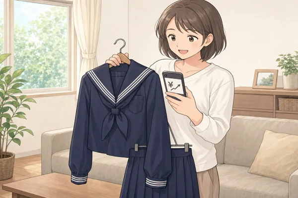 十文字のセーラー服をハンガーで持ちながらスマートフォンの買取査定画面を確認するお母さん