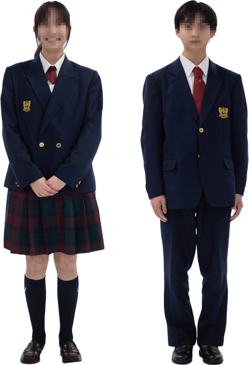 関東学院中学校の制服：紺ブレザーに女子は赤タータンチェックスカート、男子は紺スラックス