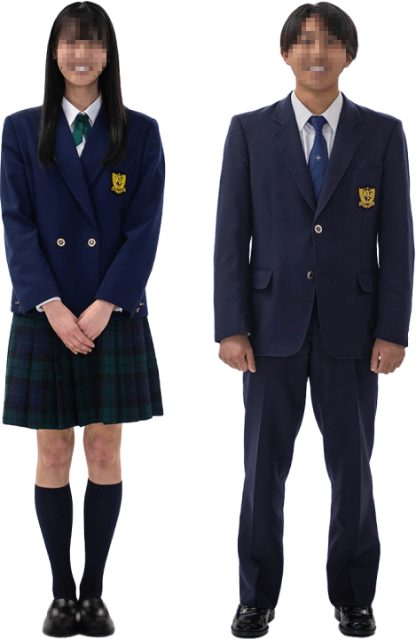関東学院高等学校の制服：紺ブレザーに女子は緑タータンチェックスカート、男子は紺スラックス
