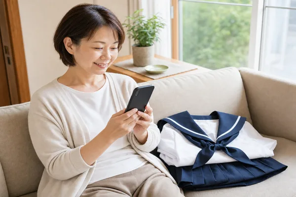 金城学院の制服を隣に置きスマートフォンで口コミを確認して満足する母親