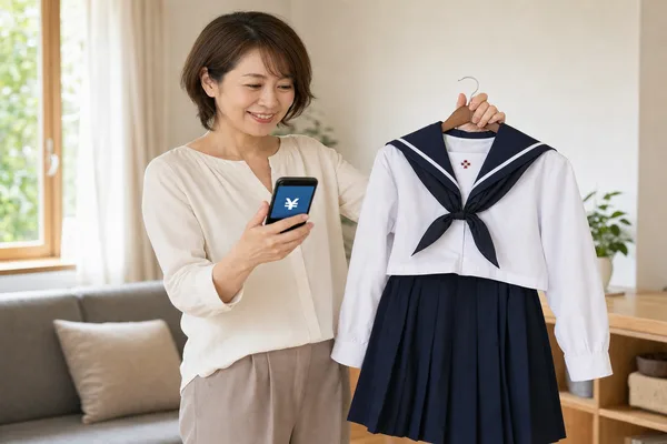 金城学院の制服をハンガーで持ちながらスマートフォンで買取相場を確認する母親