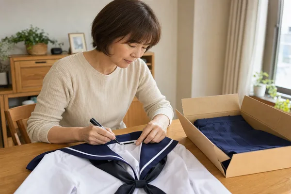 金城学院の制服のネームタグをマーカーで塗りつぶし発送準備をする母親