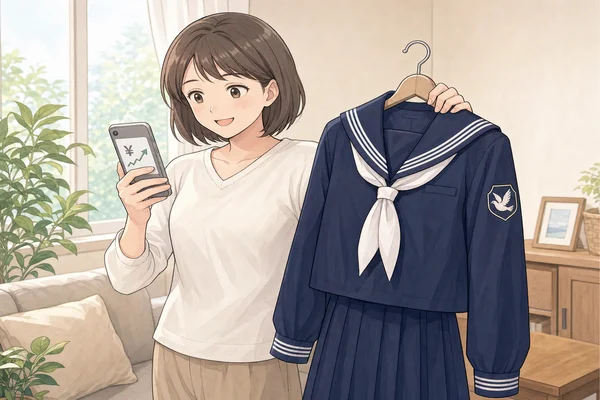 共立女子中学の濃紺セーラー服をハンガーで持ちながら、スマートフォンで制服買取の査定額を確認して喜ぶ母親