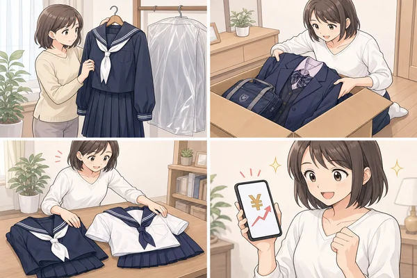 共立女子中学の制服を高く売るための3つのコツ（クリーニング・付属品セット・冬夏まとめ売り ）を4コマで解説したイラスト