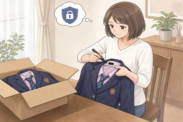 共立女子高校のブレザー制服の内側タグに黒マーカーで名前を消し、ダンボール箱に梱包して発送準備をする女性