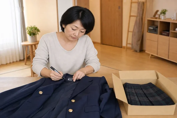 制服の内側のネームタグをマーカーで消す主婦