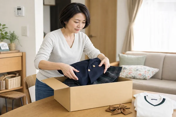 明治学院高等学校の制服を段ボールに丁寧に梱包する主婦