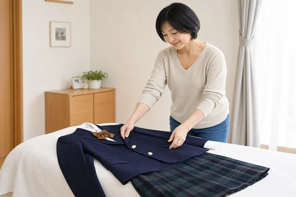 明治学院高等学校の制服（紺ブレザー・チェックスカート ）を確認する主婦
