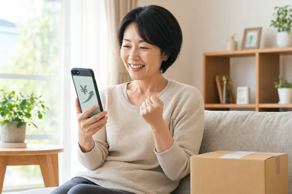 名東高校の制服買取後にスマートフォンで査定結果を確認して嬉しそうに微笑むお母さんの写真