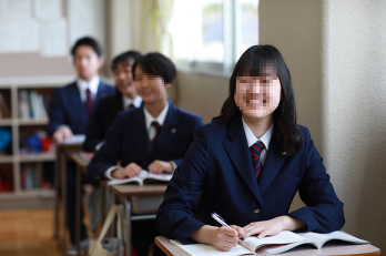 名古屋市立名東高等学校の制服 教室で授業を受ける女子生徒 紺色ブレザーとネクタイ着用