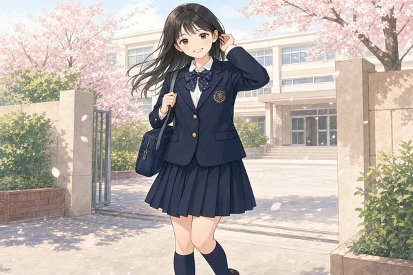 日本大学櫻丘高校のネイビーブレザー制服を着た女子生徒が桜の花びらが舞う校門前で笑顔で立っているイラスト