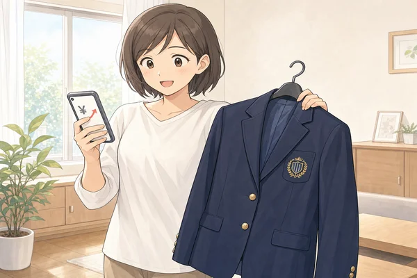 お母さんが日本大学櫻丘高校のネイビーブレザー制服をハンガーで持ちながらスマートフォンで制服の販売価格を確認して喜んでいる様子のイラスト