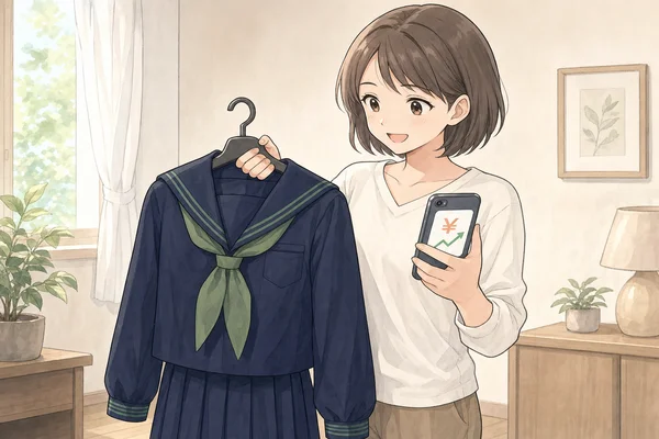 二松学舎大学附属高校の紺色セーラー服（緑ライン入り ）を持つ母親がスマートフォンで制服買取の相場を確認して喜んでいる様子
