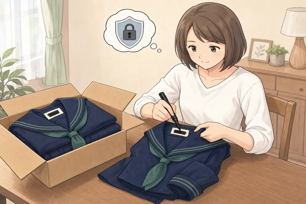二松学舎大学附属高校の制服を売る前に、ネームタグをマーカーで塗りつぶして個人情報を消去している女性の様子