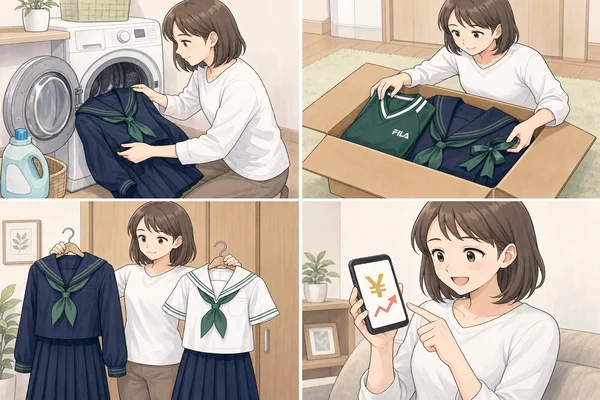 二松学舎大学附属高校の制服を高く売るための4つのポイント（洗濯機でクリーニング・付属品セット梱包・夏冬セット出し・査定額スマホ確認 ）を4コマで解説