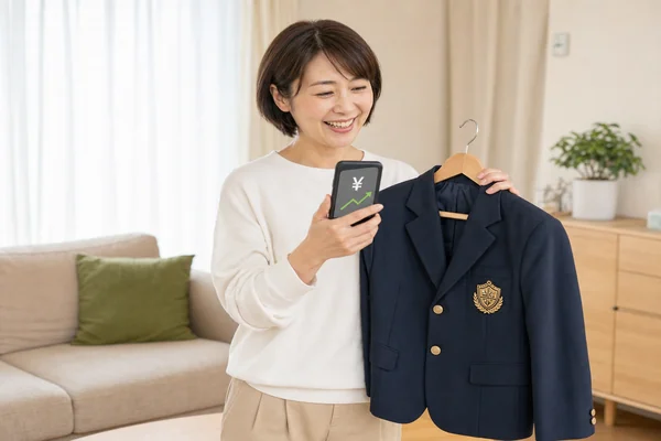 大阪女学院の制服をハンガーで持ちながらスマートフォンで買取相場を確認して喜ぶお母さんの写真
