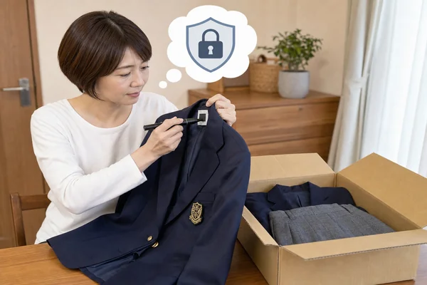 大阪女学院の制服の内側タグに黒マーカーで名前を消してから発送準備をする女性の写真