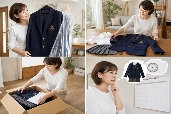 大阪女学院の制服を高く売るための4つのコツを示す写真（クリーニング・付属品セット・夏冬セット・早めに売る ）