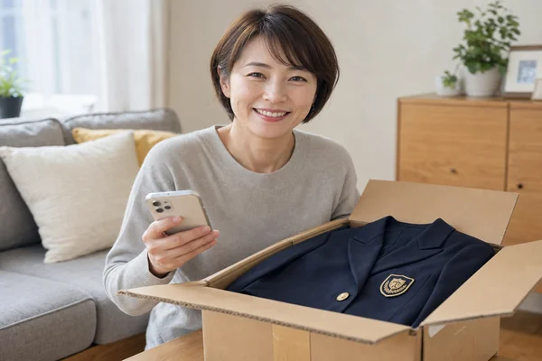 大阪女学院の制服をダンボール箱に入れてラミパスへの宅配買取を申し込んだお母さんの写真