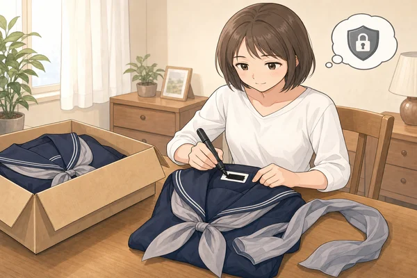 大妻中野中学校の紺セーラー服のネームタグをマーカーで塗りつぶし、横にダンボール箱を置いてプライバシー保護を意識しながら宅配買取の発送準備をする女性のイラスト