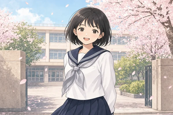 大妻中野中学校のシルバーグレースカーフが特徴のセーラー服を着た女子生徒が桜舞う校門前で笑顔で立っているイラスト
