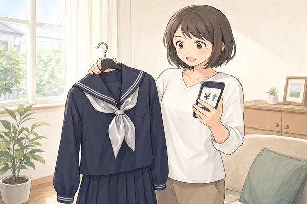 大妻中野中学校の紺セーラー服（シルバーグレースカーフ付き ）をハンガーで持ちながらスマートフォンで買取相場を確認して喜ぶお母さんのイラスト