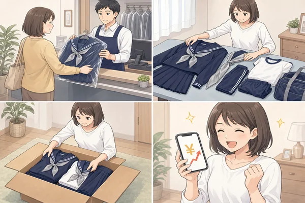 大妻中野中学校の制服を高く売るための3つのコツ（①クリーニング持込 ②スカーフ・体操着など付属品セット ③夏冬フルセット梱包 ④査定額確認で喜ぶ ）を4コマ漫画風で解説したイラスト