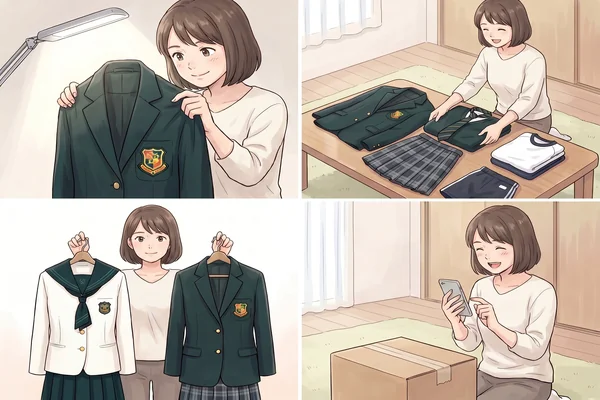西南学院の制服を高く売るための3つのポイントを示す4コマイラスト：状態確認・付属品まとめ・中学高校セット・査定額確認
