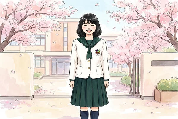 西南学院中学校の制服（白オーバージャケット・ダークグリーンのセーラー服 ）を着た女子生徒が校舎前で桜の花びらの中に立つイラスト