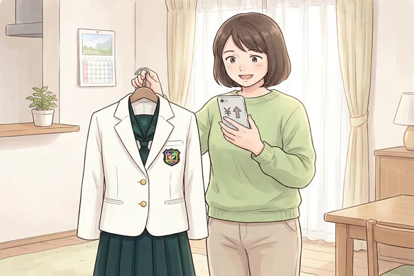 西南学院中学校の制服（白オーバージャケット・ダークグリーンのセーラー服 ）をハンガーで持ちながらスマートフォンで買取相場を確認するお母さん