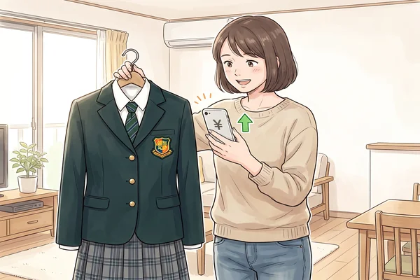 西南学院高校のダークグリーンブレザー制服をハンガーで持ちながら買取相場をスマートフォンで確認するお母さん