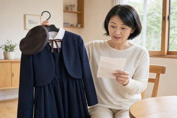 聖霊高校の制服をハンガーで持ちながら購入時の明細を見て驚く母親の様子
