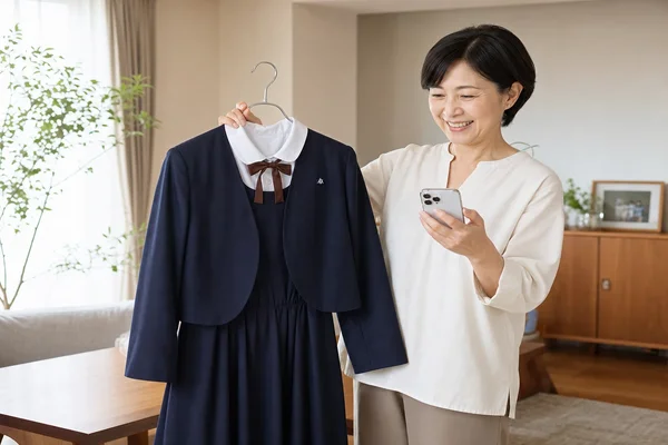 聖霊高校の制服をハンガーで持ちながらスマートフォンで買取相場を確認する母親