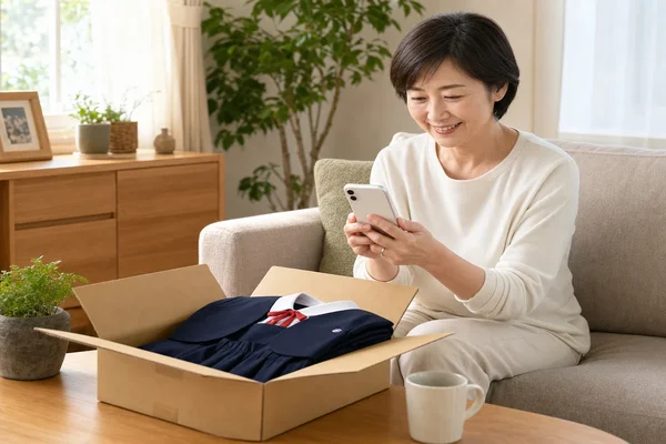 ソファに座りスマートフォンで宅配買取の申し込みを完了した母親と、手前に置かれた聖霊高校の制服を梱包したダンボール箱