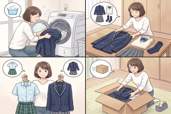 聖セシリアの制服を高く売るための4つのコツを示した4コマ漫画風イラスト 。洗濯機で洗う・付属品をセットで揃える・夏服と冬服をセットで出す・早めに梱包して送る