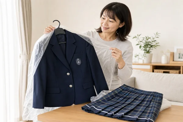 クリーニングから戻ってきた綺麗な状態の東京女子学園高等学校の制服（ブレザー ）を確認する様子