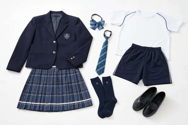 東京女子学園高等学校の制服一式（ブレザー、スカート、体操着、ネクタイ、リボンなど ）をセットにした状態