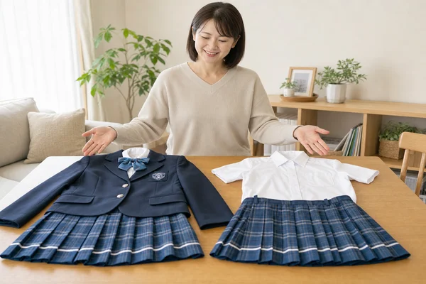 東京女子学園高等学校の冬服（ブレザー ）と夏服（白シャツ）を並べてセットで査定に出す準備をする様子